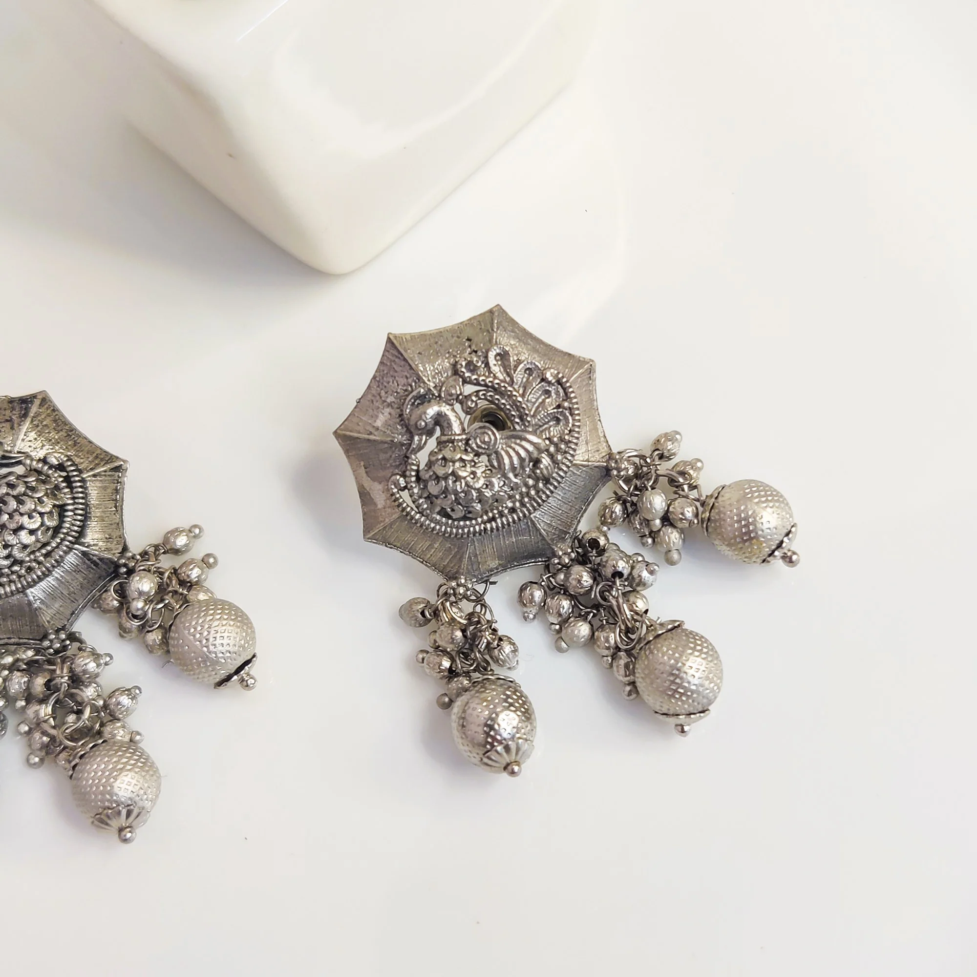 Bohemian Matte Silver Sphere Peacock Dangle Earrings - Image 8