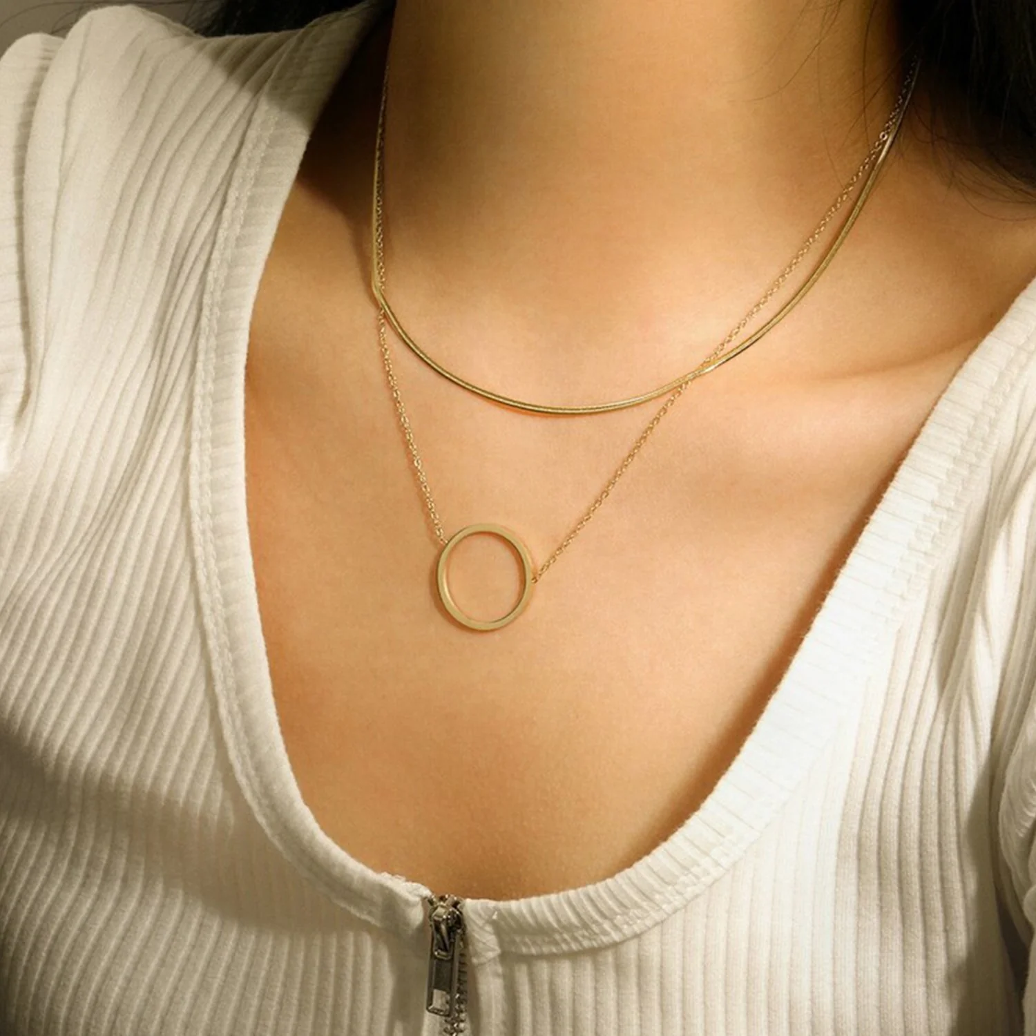 Eternity Circle Layered Necklace with thin Snake chain - Image 2