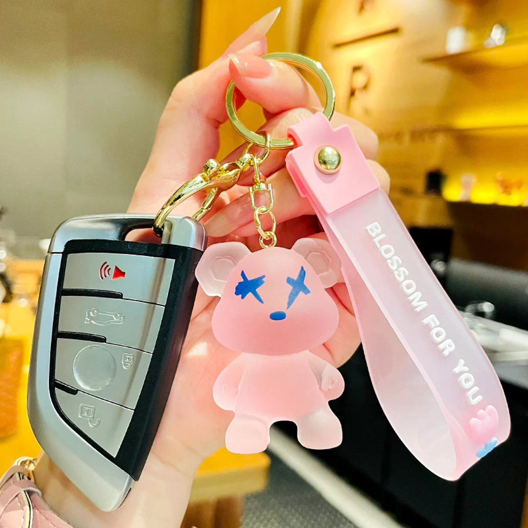 Frosted Resin Bear Keychain with Strap and Hook - Image 4