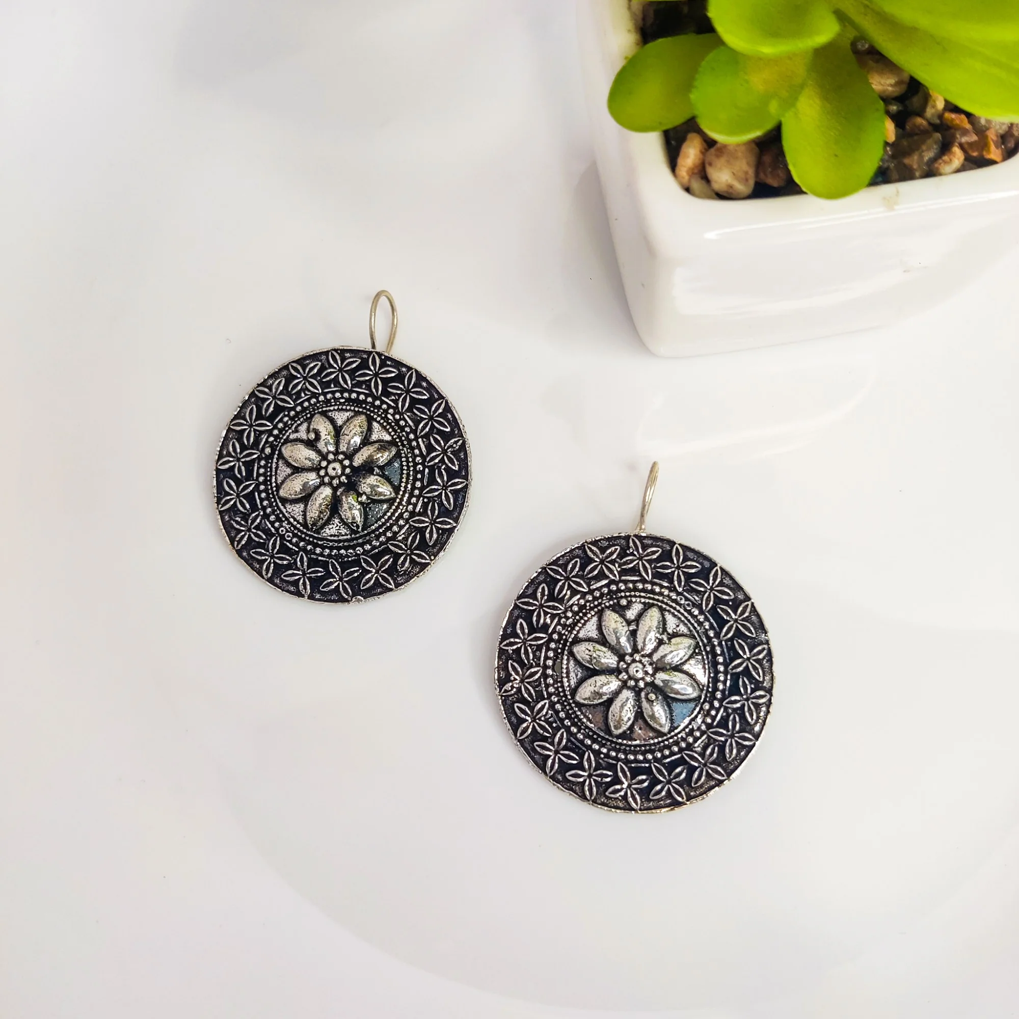 Midnight Bloom Antique Silver Oxidized Earrings - Image 3