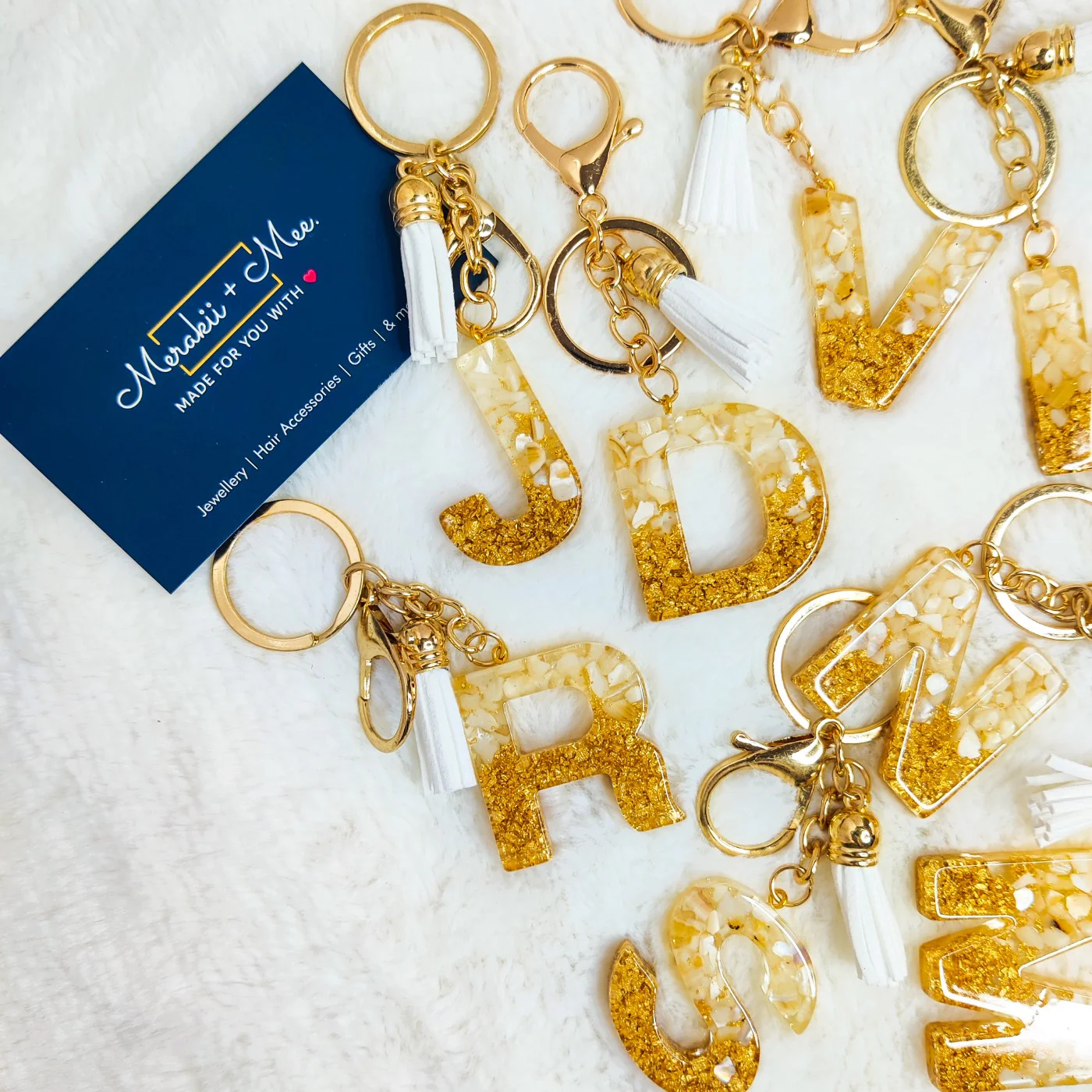 Premium Resin Art Initial Letter Keychains with Hook and Tassel (White)