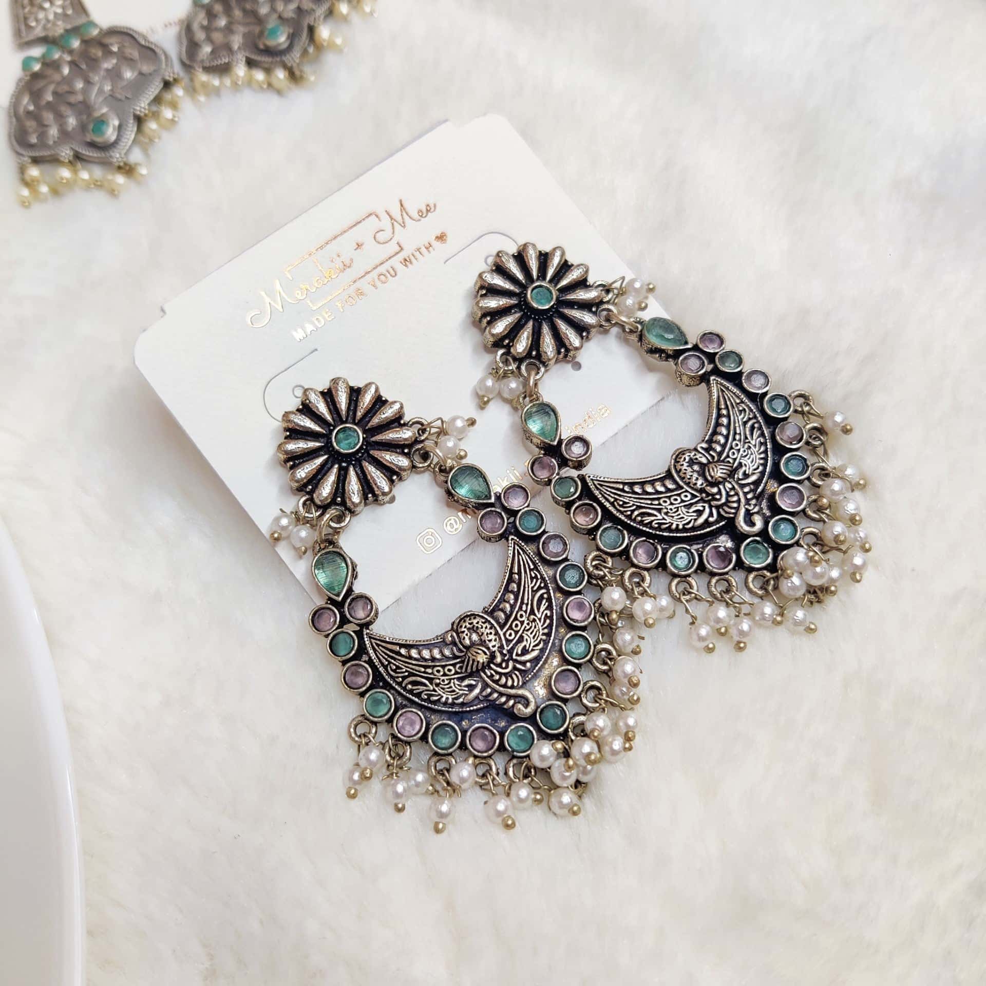 Silver Oxidised Pink & Blue Ethnic Earrings For Women & Girls - Image 5