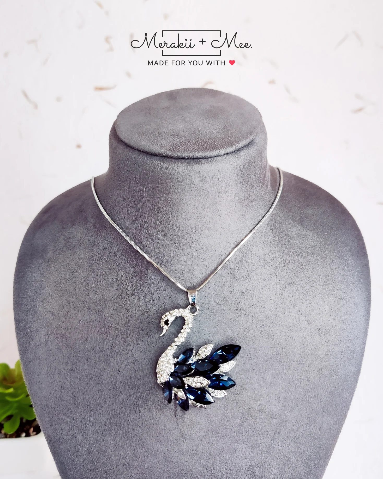 Swan Blue Crystal Pearl CZ American Diamond Long Chain Necklace - Image 4